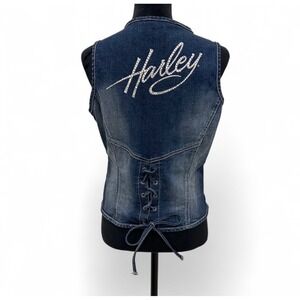 Y2K Harley Davidson Rhinestone Denim Corset Zip Vest Top Sleeveless Biker Medium